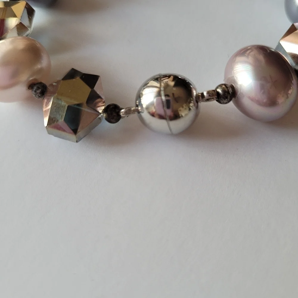 Purple, Gray, Faux Pink Pearls Beads Magnetic Closure Bracelet